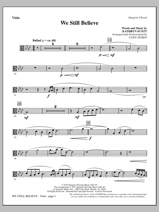 Download Cliff Duren We Still Believe - Viola Sheet Music and learn how to play Choir Instrumental Pak PDF digital score in minutes