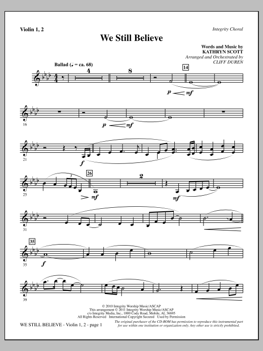 Download Cliff Duren We Still Believe - Violin 1, 2 Sheet Music and learn how to play Choir Instrumental Pak PDF digital score in minutes