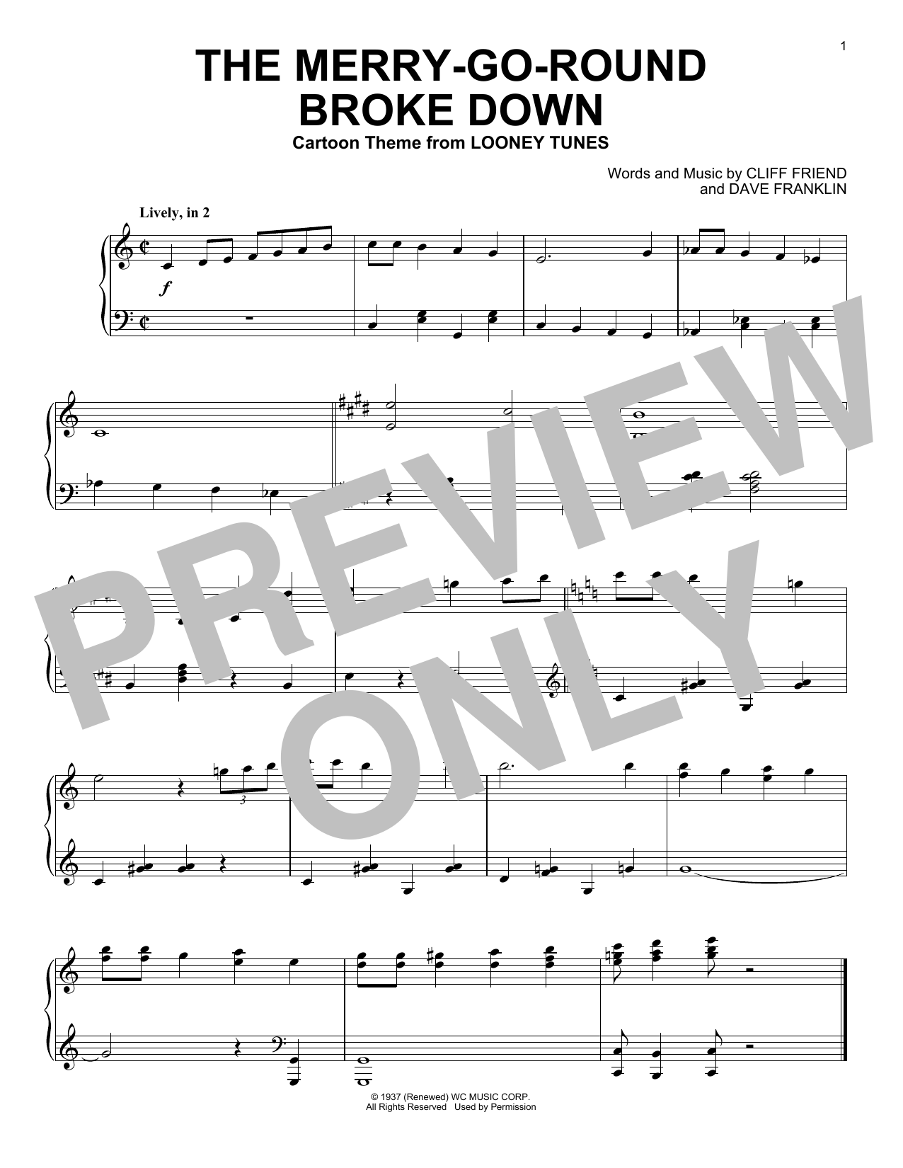 Download Cliff Friend & Dave Franklin The Merry-Go-Round Broke Down (from Looney Tunes) Sheet Music and learn how to play Piano Solo PDF digital score in minutes