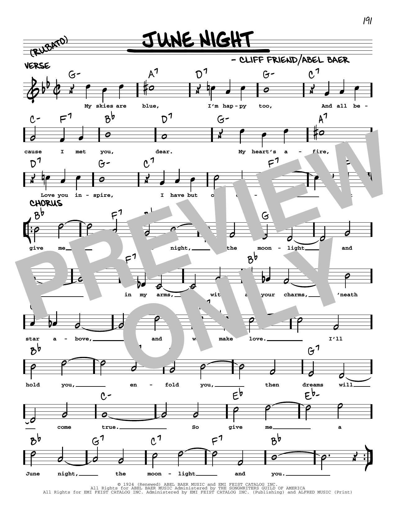 Download Cliff Friend June Night (arr. Robert Rawlins) Sheet Music and learn how to play Real Book – Melody, Lyrics & Chords PDF digital score in minutes