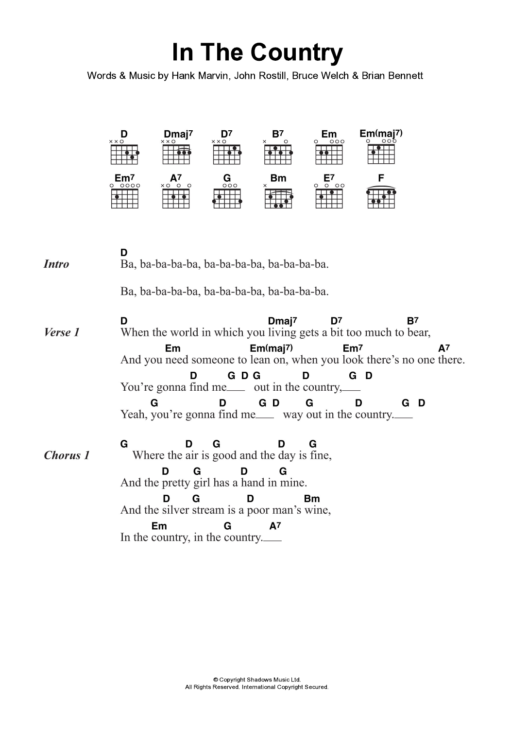 Download Cliff Richard & The Shadows In The Country Sheet Music and learn how to play Lyrics & Chords PDF digital score in minutes