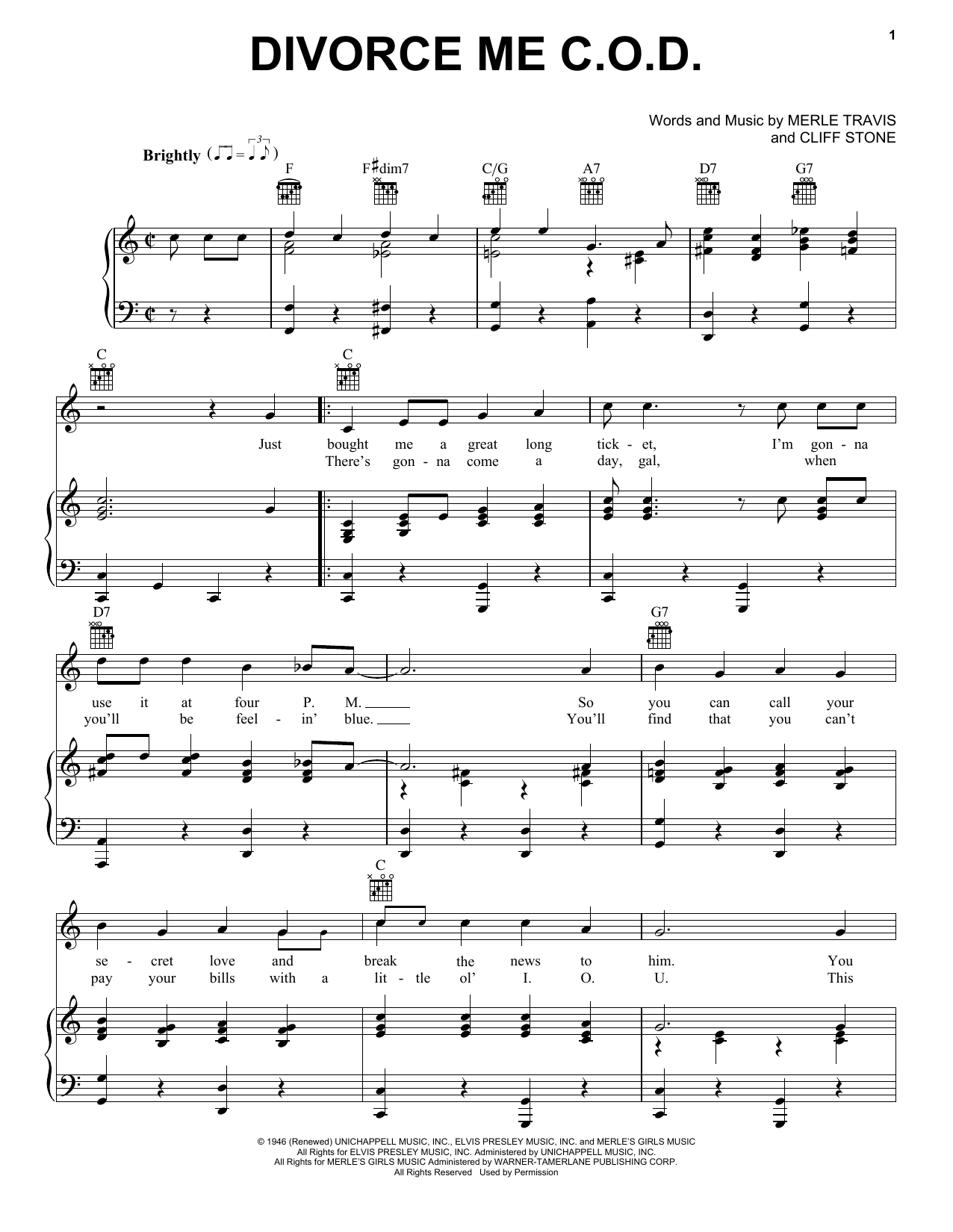 Download Cliff Stone Divorce Me C.O.D. Sheet Music and learn how to play Piano, Vocal & Guitar (Right-Hand Melody) PDF digital score in minutes