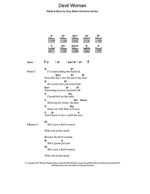 Download Cliff Richard Devil Woman Sheet Music and learn how to play Lyrics & Chords PDF digital score in minutes