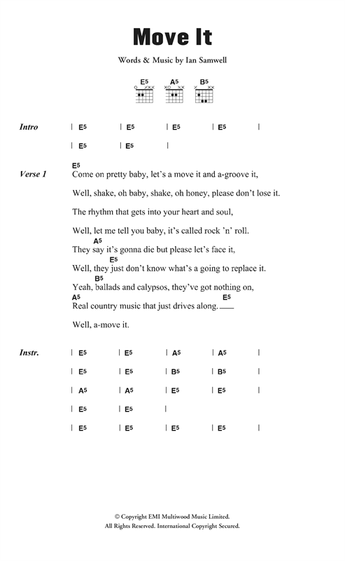 Download Cliff Richard & The Drifters Move It Sheet Music and learn how to play Lyrics & Chords PDF digital score in minutes