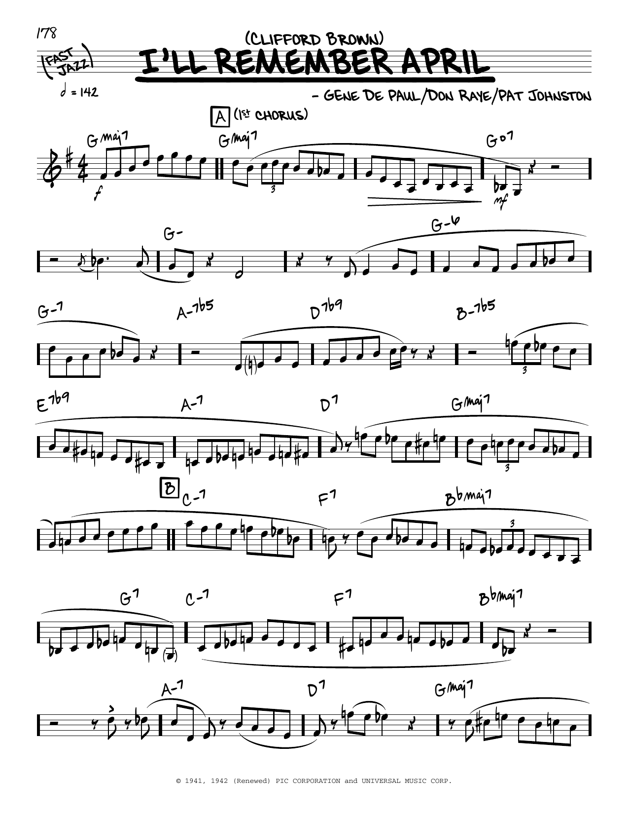 Download Clifford Brown I'll Remember April (solo only) Sheet Music and learn how to play Real Book – Melody & Chords PDF digital score in minutes