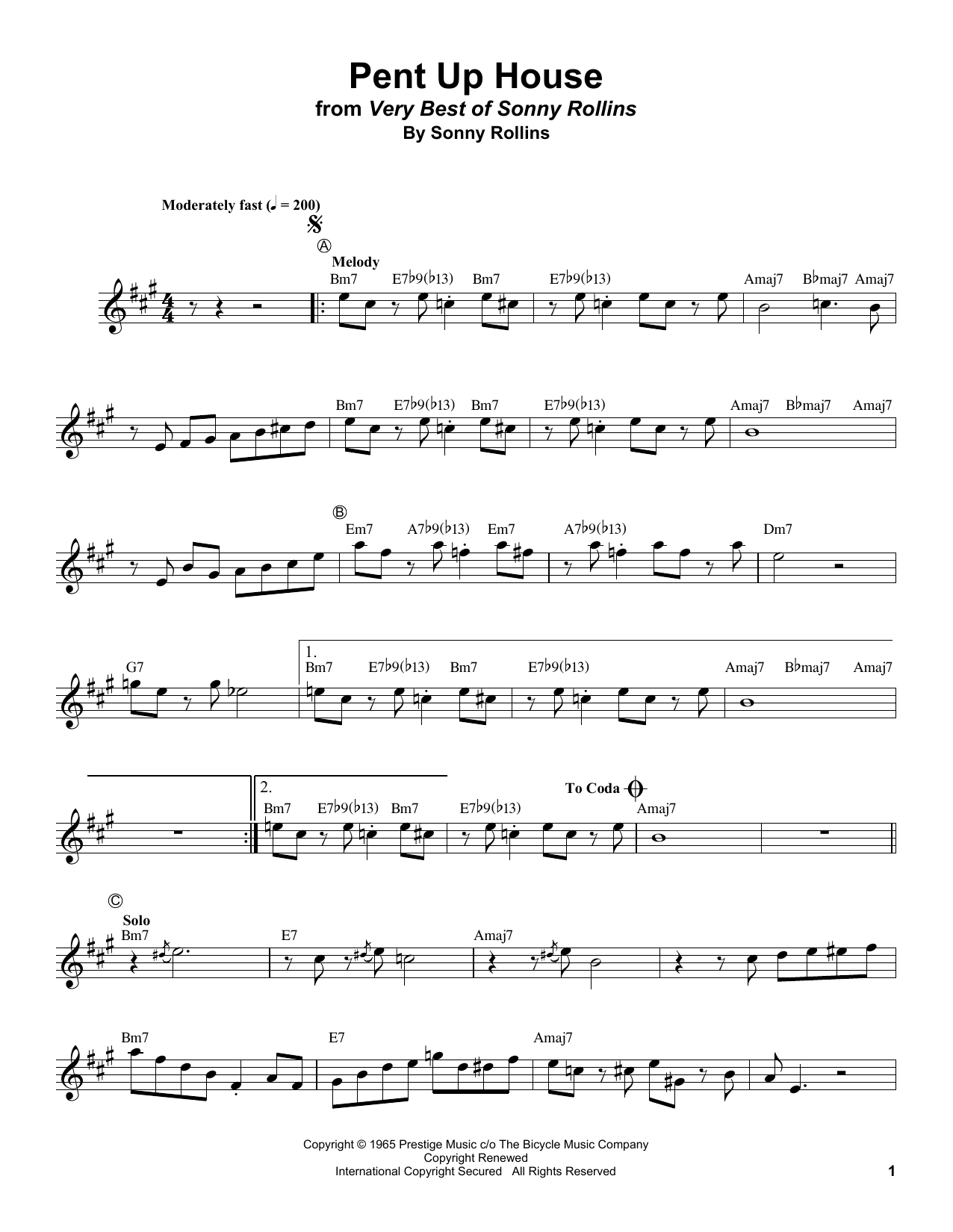 Download Sonny Rollins Pent Up House Sheet Music and learn how to play Trumpet Transcription PDF digital score in minutes