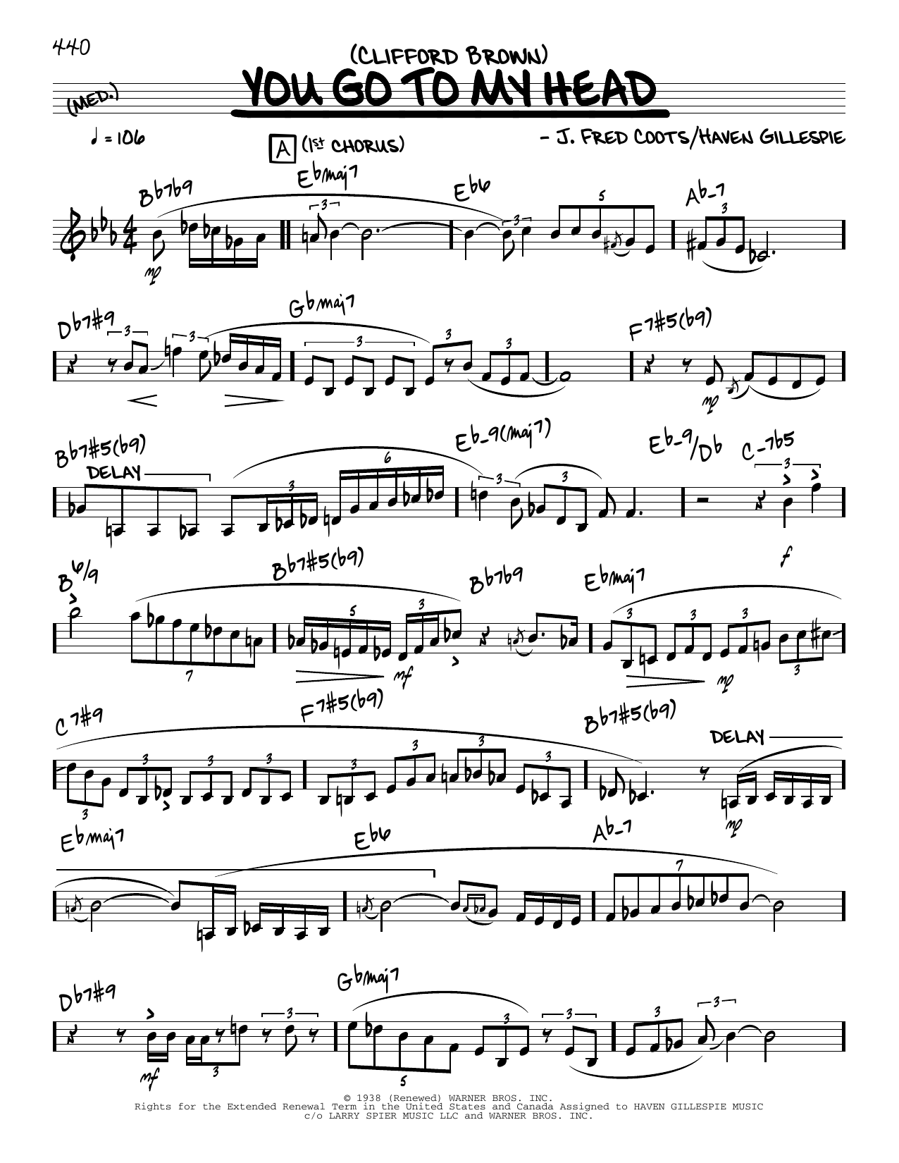 Download Clifford Brown You Go To My Head (solo only) Sheet Music and learn how to play Real Book – Melody & Chords PDF digital score in minutes