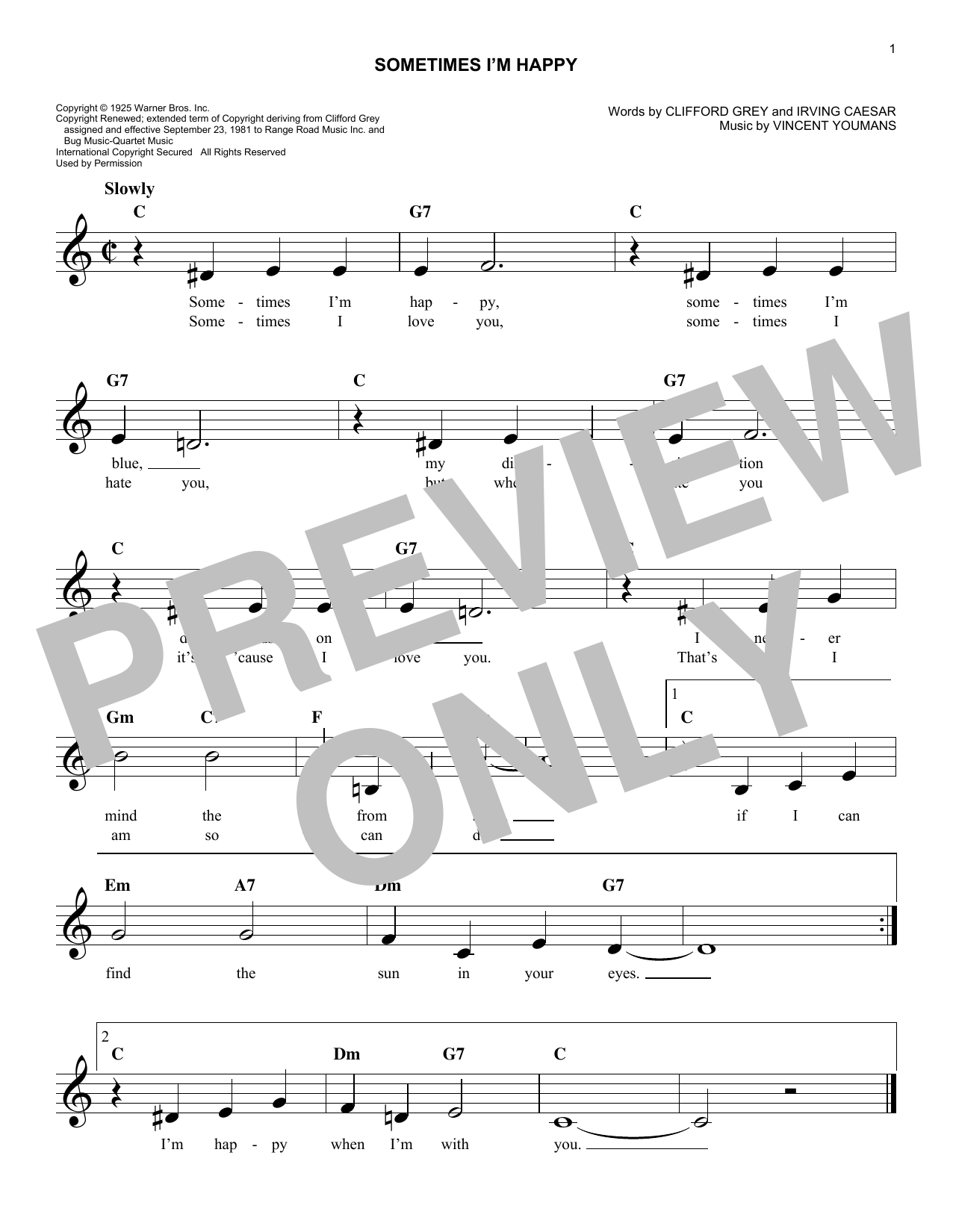Download Clifford Grey Sometimes I'm Happy Sheet Music and learn how to play Melody Line, Lyrics & Chords PDF digital score in minutes
