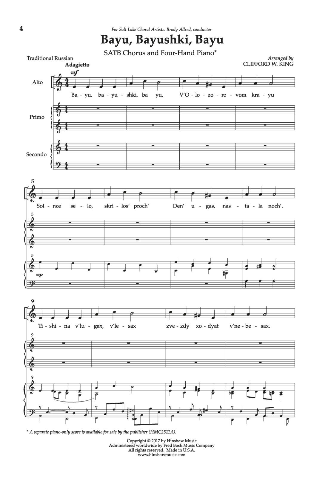 Download Clifford W. King Bayu, Bayushki, Bayu Sheet Music and learn how to play Choral PDF digital score in minutes
