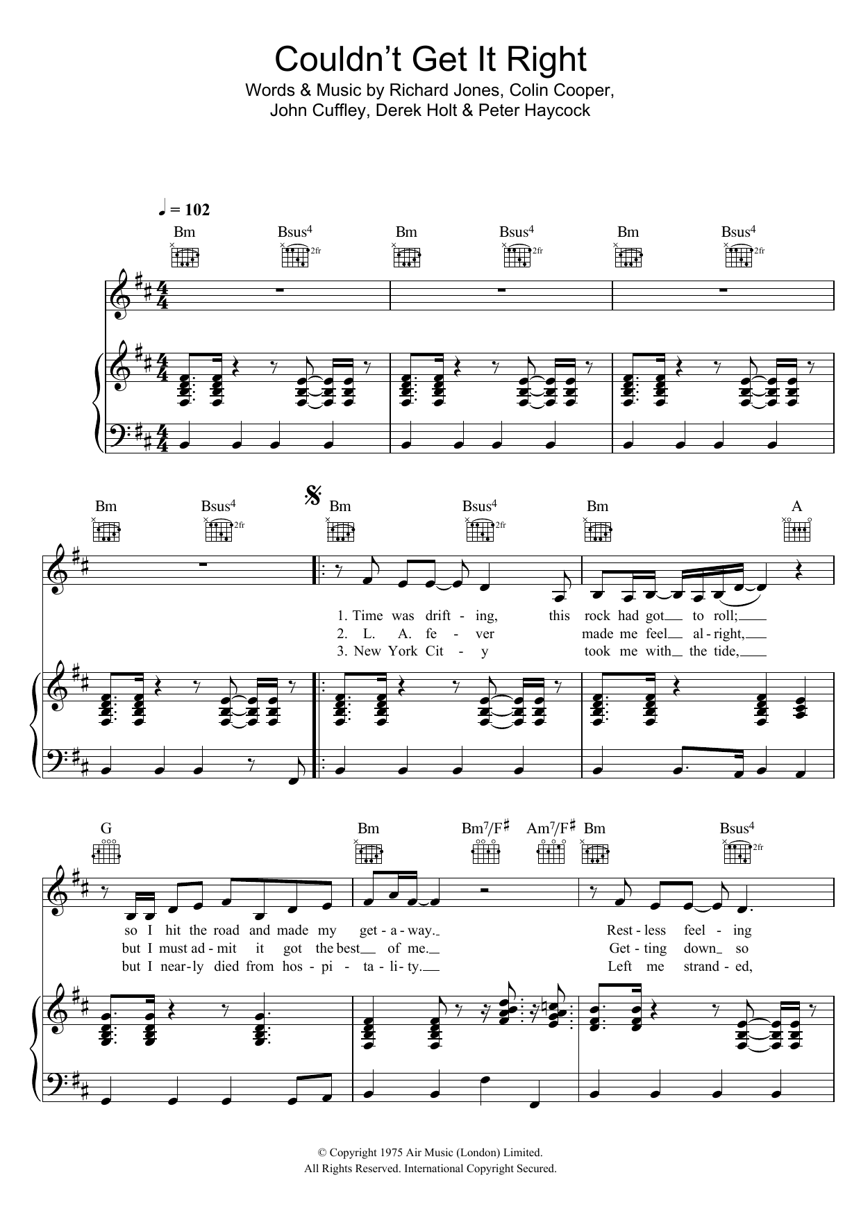Download Climax Blues Band Couldn't Get It Right Sheet Music and learn how to play Piano, Vocal & Guitar PDF digital score in minutes