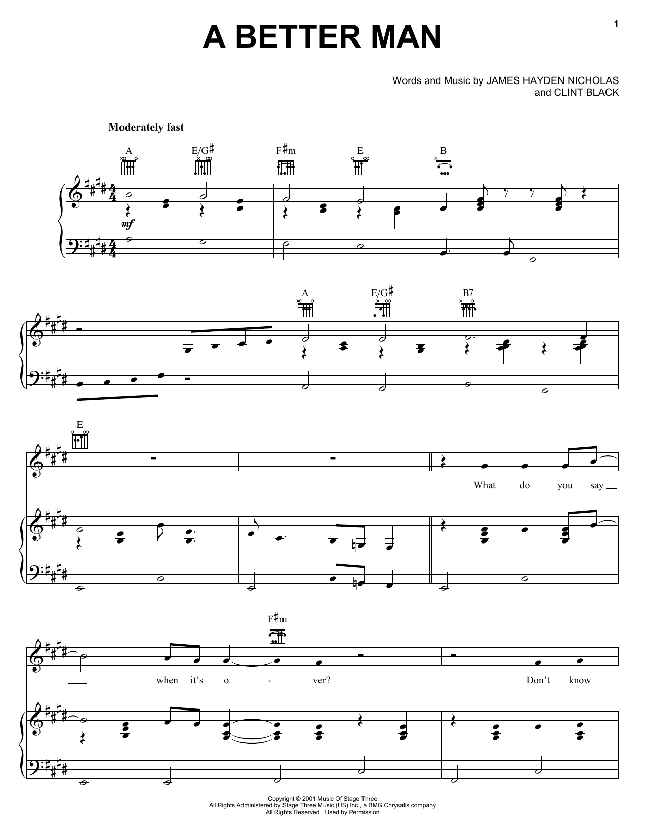 Download Clint Black A Better Man Sheet Music and learn how to play Melody Line, Lyrics & Chords PDF digital score in minutes
