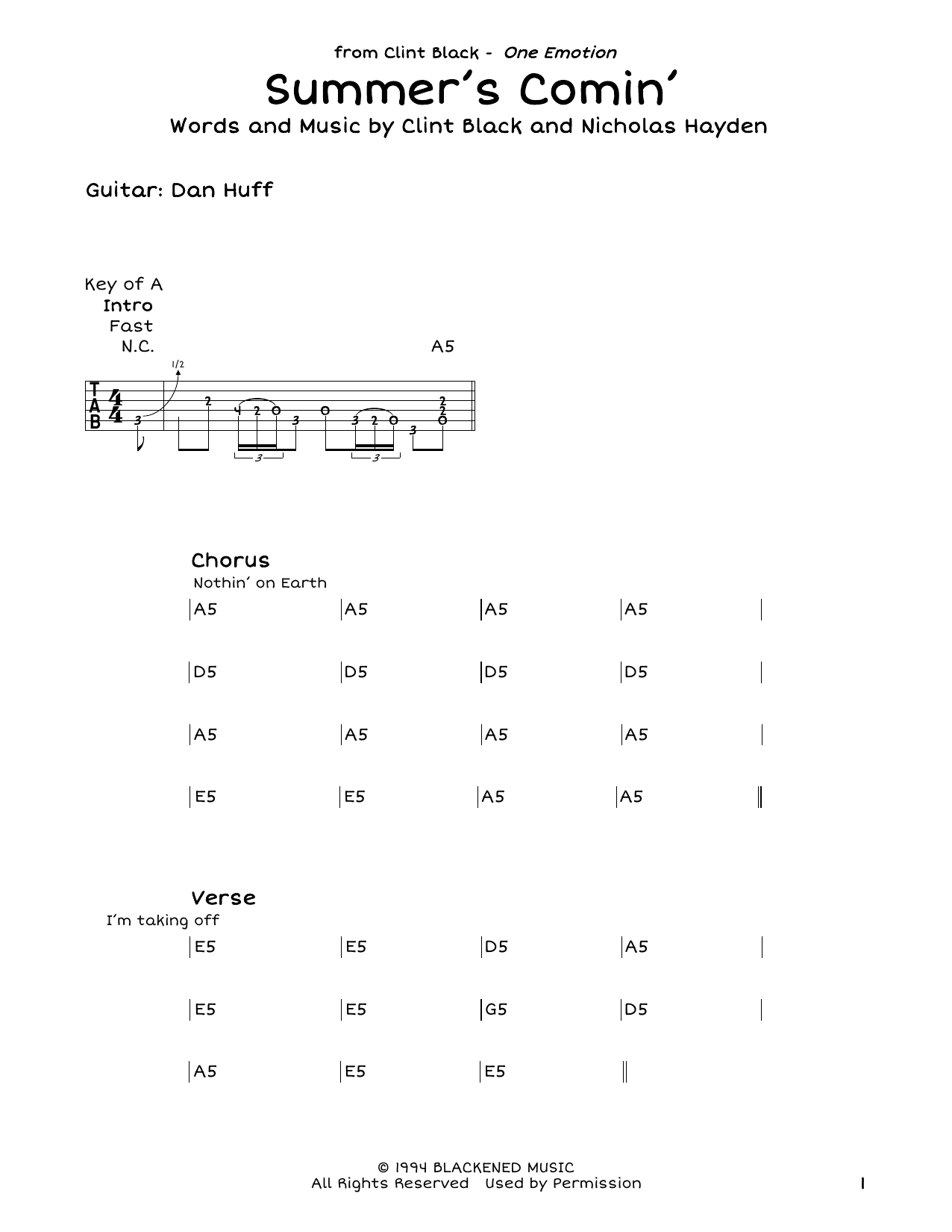 Download Clint Black Summer's Comin' Sheet Music and learn how to play Guitar Tab PDF digital score in minutes