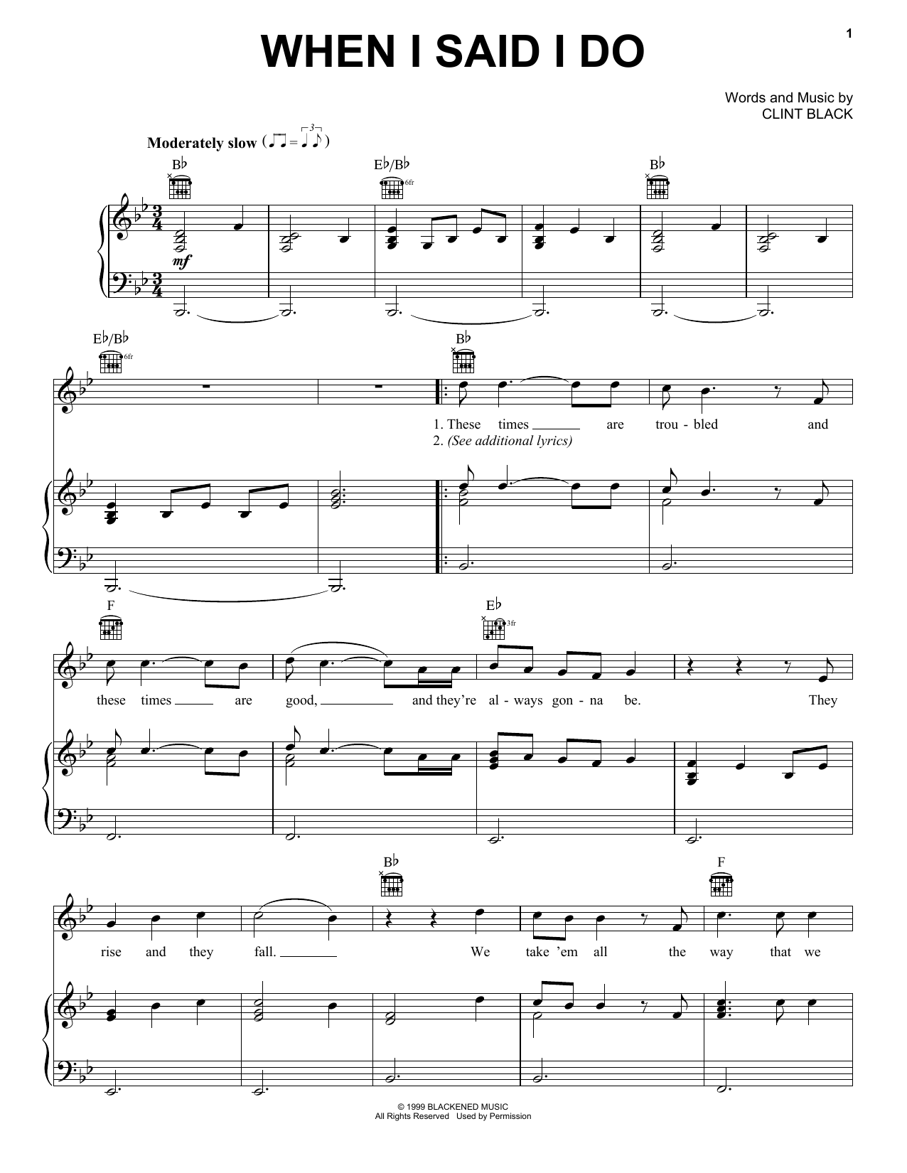 Download Clint Black When I Said I Do Sheet Music and learn how to play Piano, Vocal & Guitar (Right-Hand Melody) PDF digital score in minutes