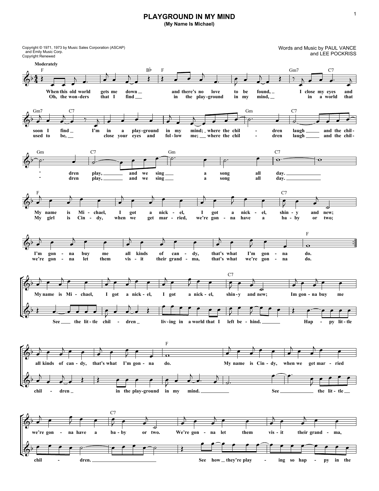 Download Clint Holmes Playground In My Mind (My Name Is Michael) Sheet Music and learn how to play Melody Line, Lyrics & Chords PDF digital score in minutes