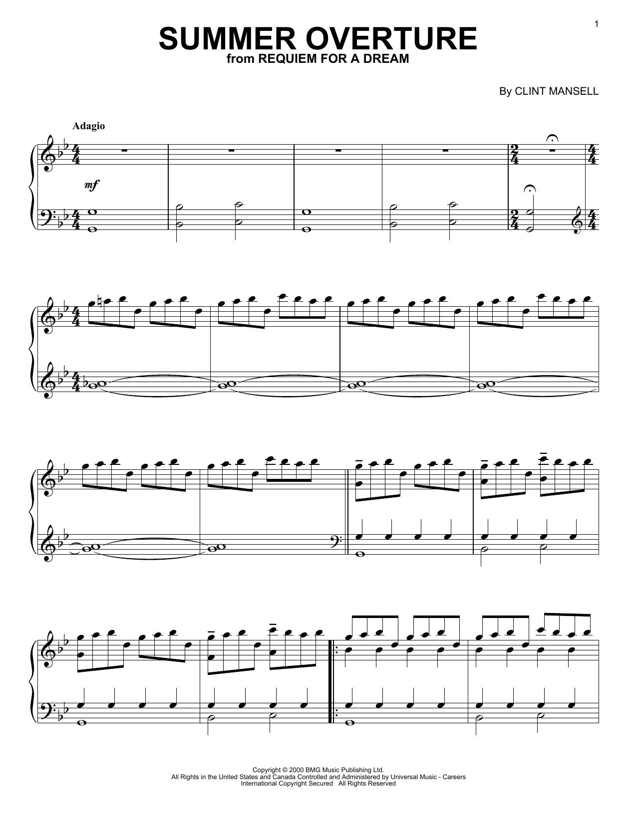 Download Clint Mansell Summer Overture (from Requiem For A Dream) Sheet Music and learn how to play Piano, Vocal & Guitar (Right-Hand Melody) PDF digital score in minutes