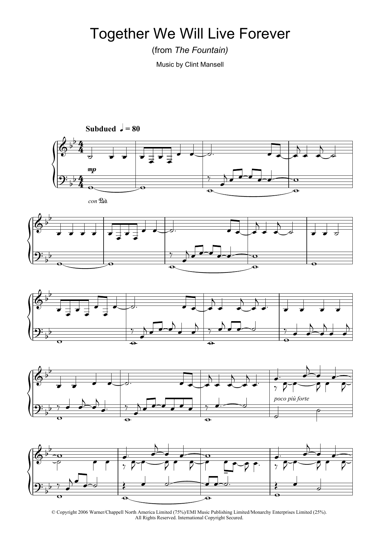 Download Clint Mansell Together We Will Live Forever (from The Fountain) Sheet Music and learn how to play Easy Piano PDF digital score in minutes