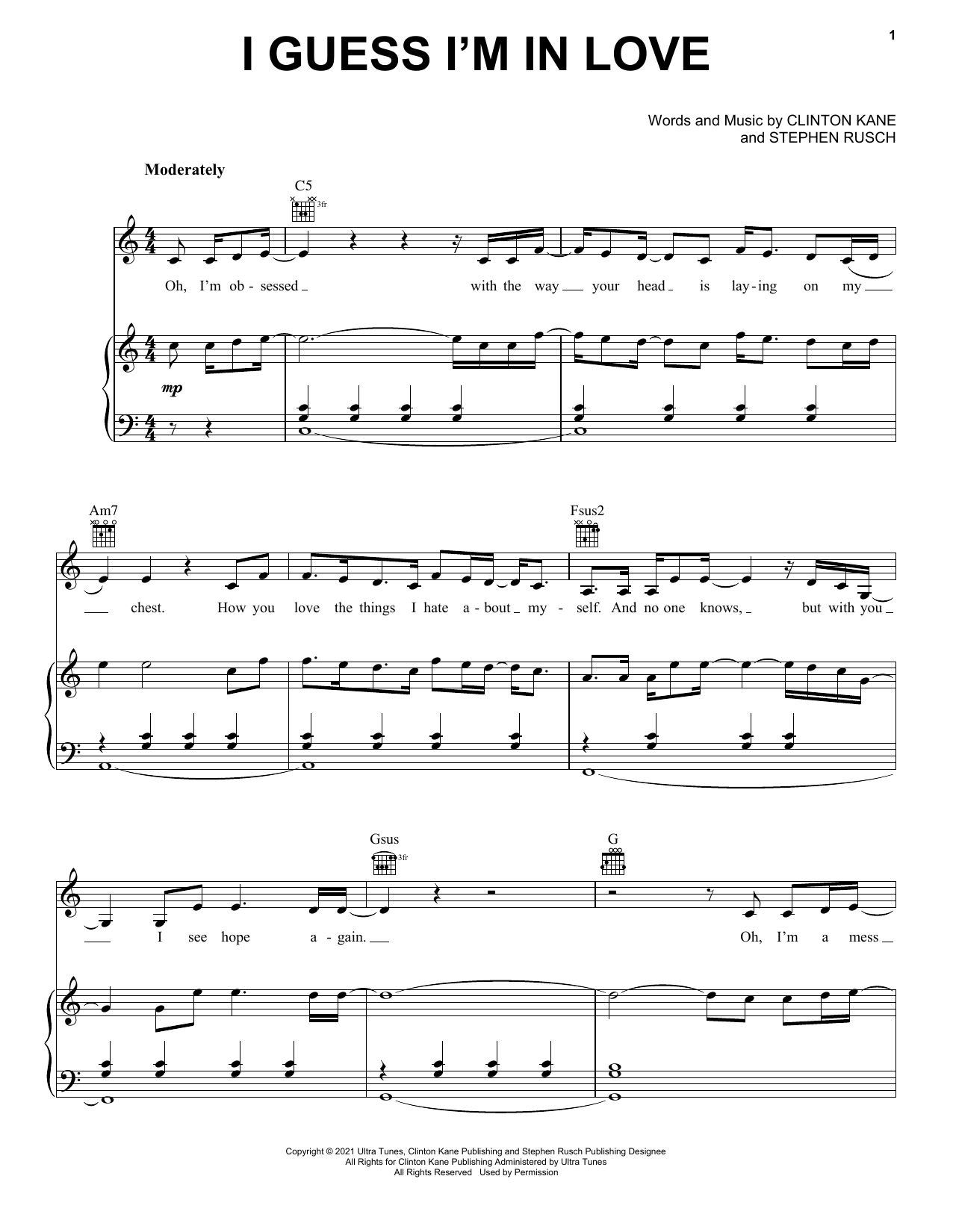 Download Clinton Kane I Guess I'm In Love Sheet Music and learn how to play Piano, Vocal & Guitar Chords (Right-Hand Melody) PDF digital score in minutes