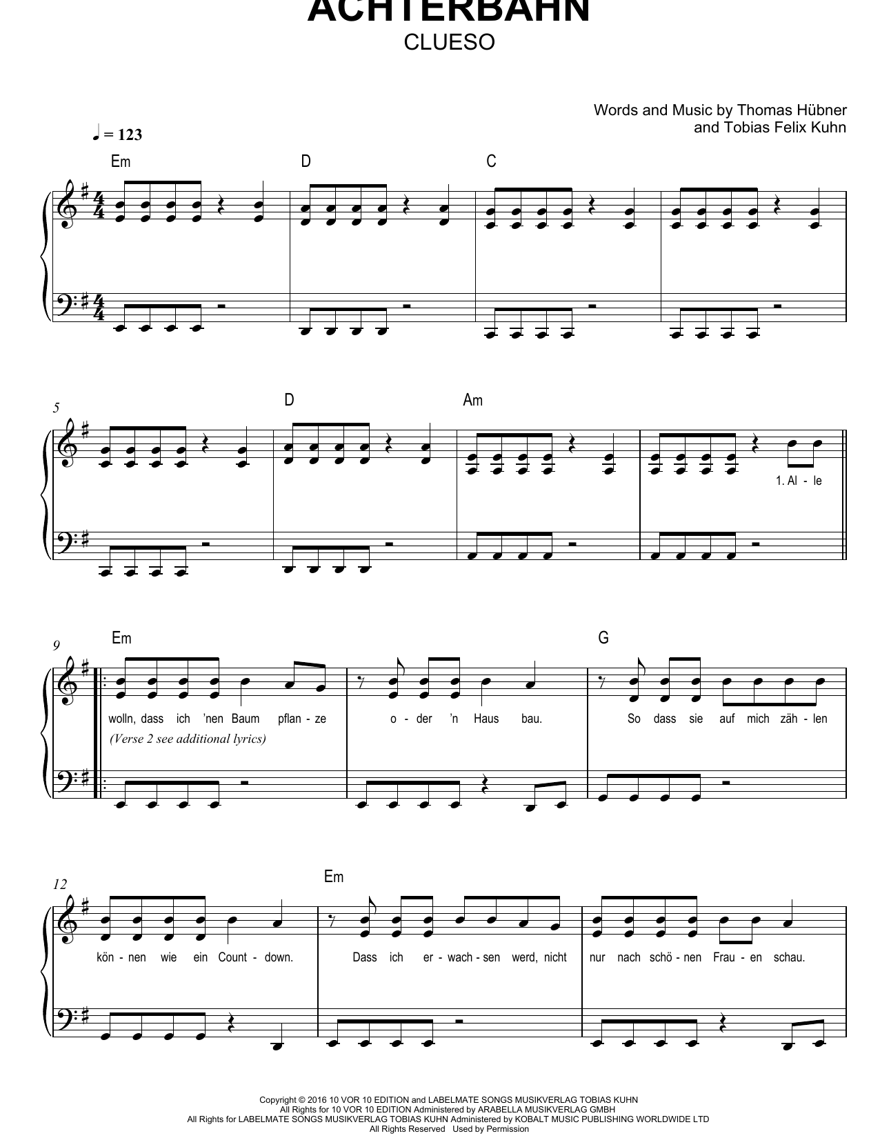 Download Clueso Achterbahn Sheet Music and learn how to play Easy Piano PDF digital score in minutes