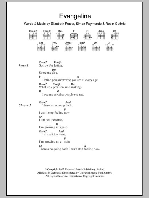 Download The Cocteau Twins Evangeline Sheet Music and learn how to play Lyrics & Chords PDF digital score in minutes