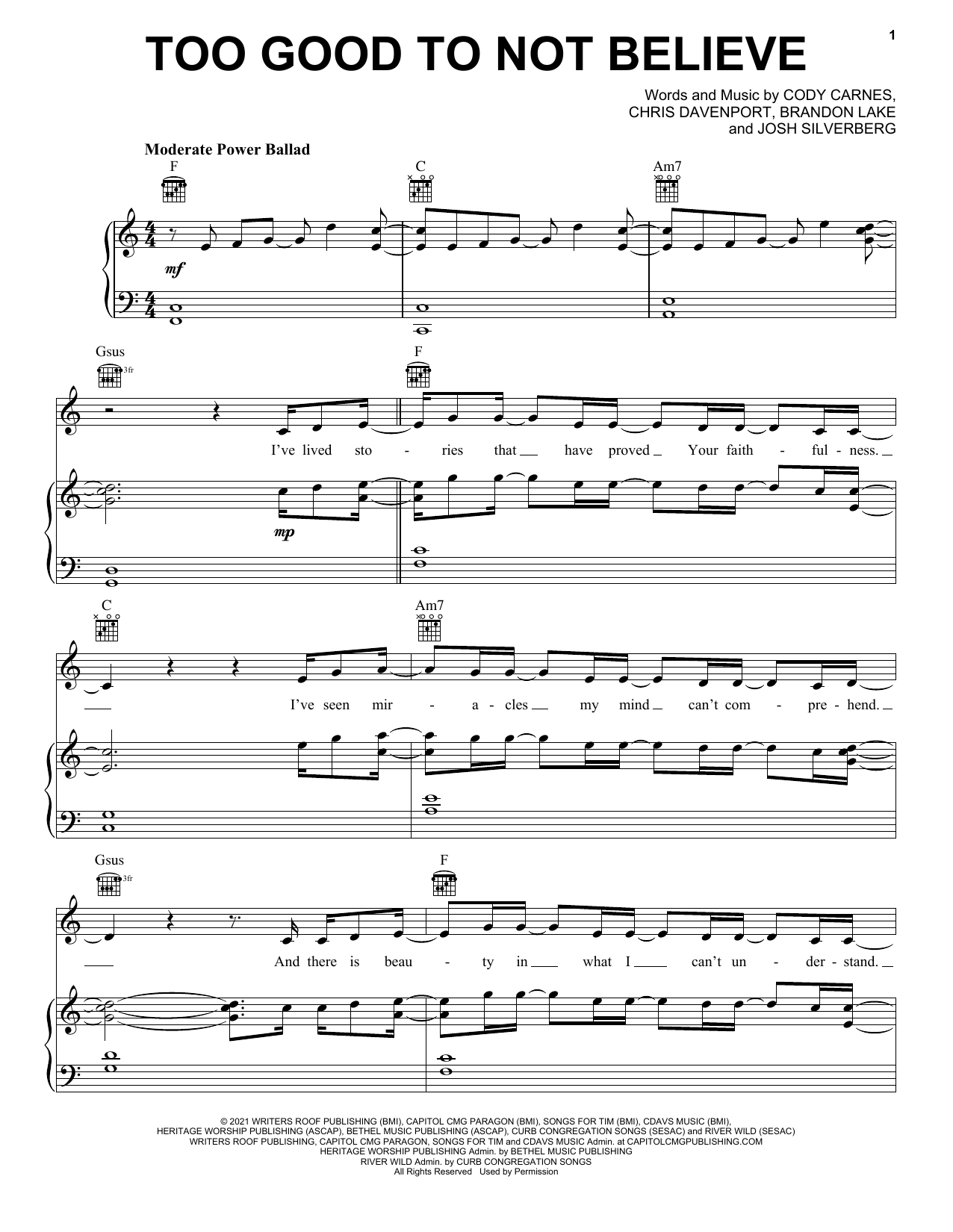 Download Cody Carnes Too Good To Not Believe (feat. Brandon Lake) Sheet Music and learn how to play Piano, Vocal & Guitar Chords (Right-Hand Melody) PDF digital score in minutes