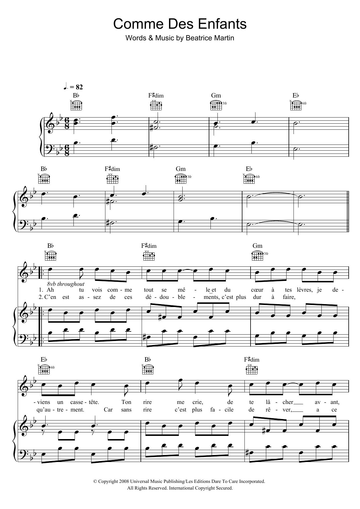 Download Coeur De Pirate Comme Des Enfants Sheet Music and learn how to play Piano, Vocal & Guitar (Right-Hand Melody) PDF digital score in minutes