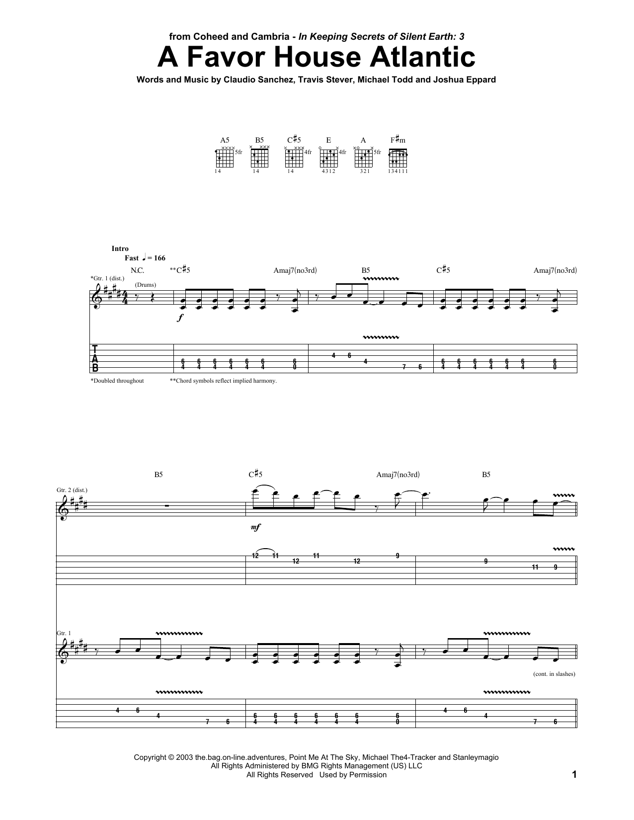 Download Coheed And Cambria A Favor House Atlantic Sheet Music and learn how to play Guitar Tab PDF digital score in minutes