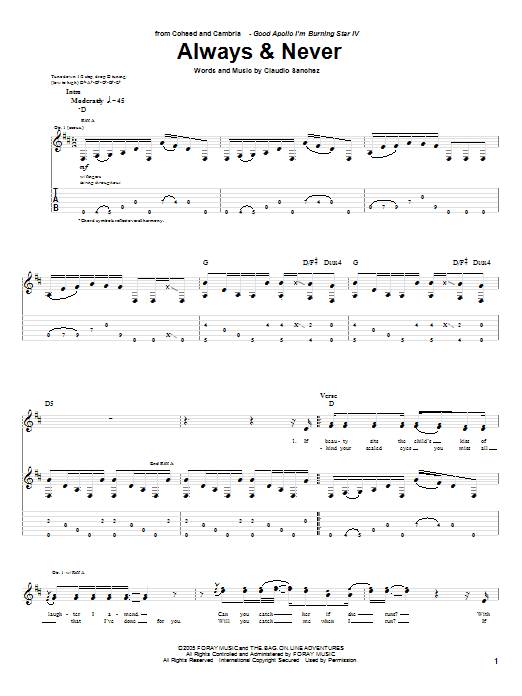 Download Coheed And Cambria Always & Never Sheet Music and learn how to play Guitar Tab PDF digital score in minutes