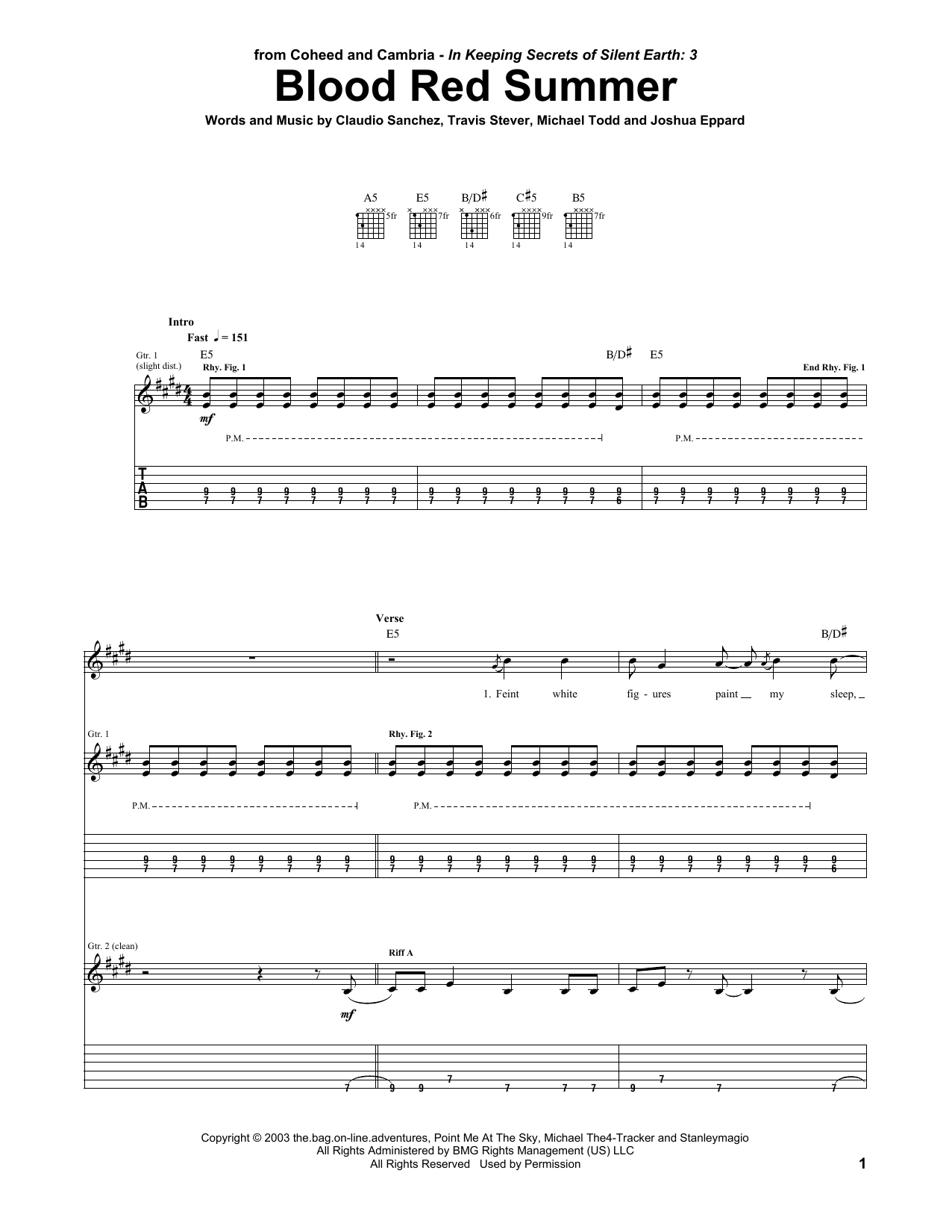 Download Coheed And Cambria Blood Red Summer Sheet Music and learn how to play Guitar Tab PDF digital score in minutes