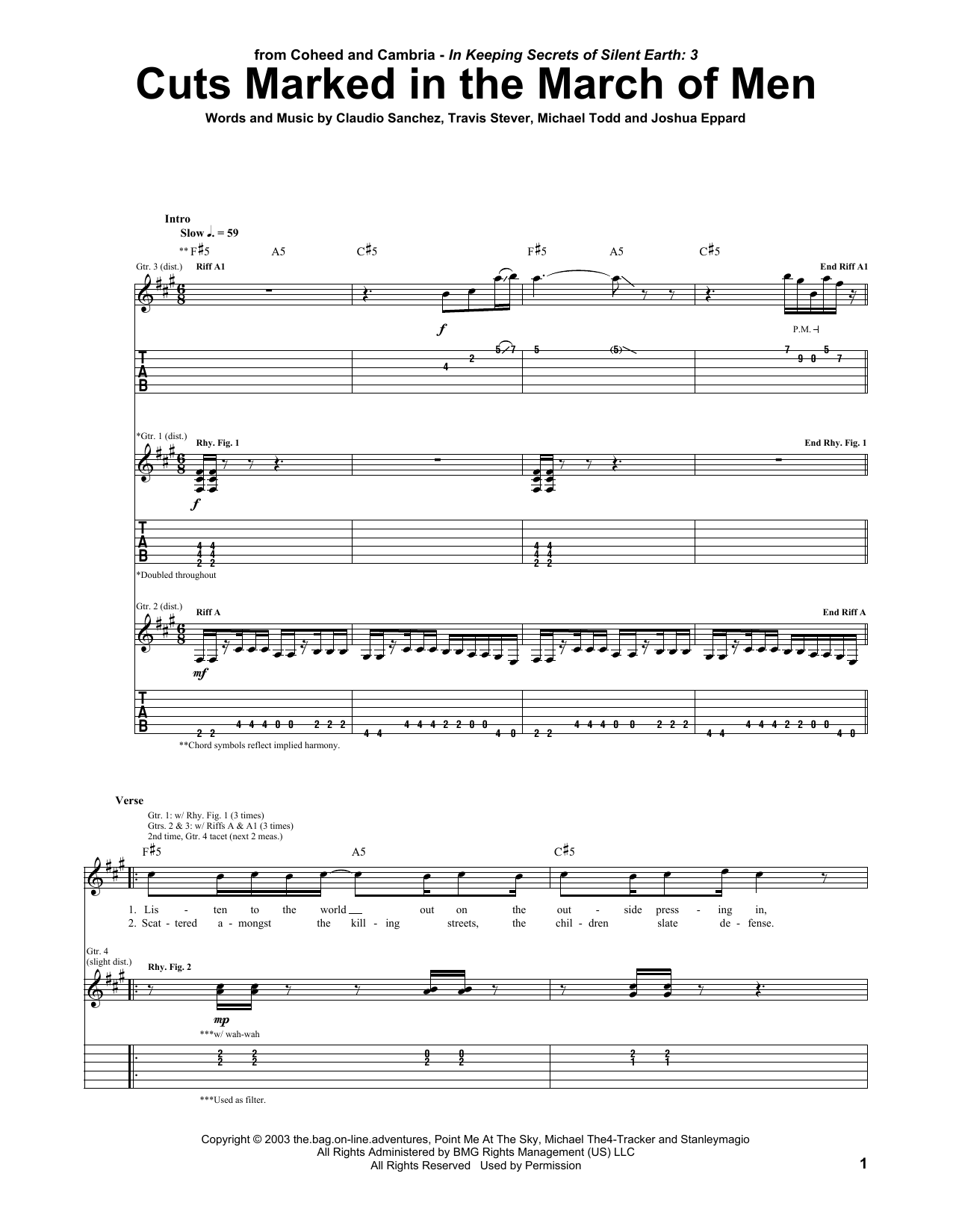 Download Coheed And Cambria Cuts Marked In The March Of Men Sheet Music and learn how to play Guitar Tab PDF digital score in minutes