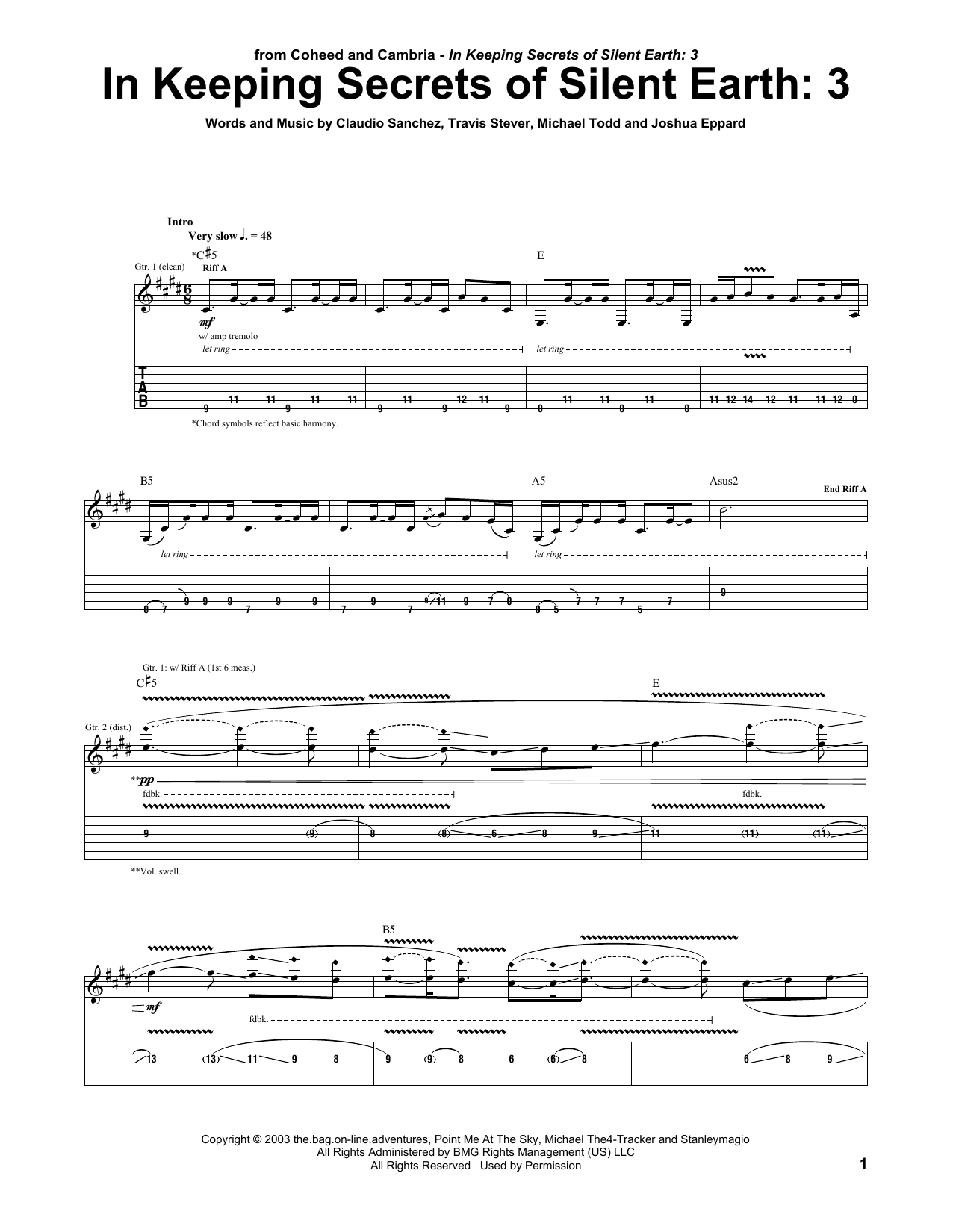 Download Coheed And Cambria In Keeping Secrets Of Silent Earth: 3 Sheet Music and learn how to play Guitar Tab PDF digital score in minutes
