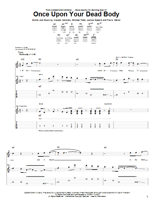 Download Coheed And Cambria Once Upon Your Dead Body Sheet Music and learn how to play Guitar Tab PDF digital score in minutes