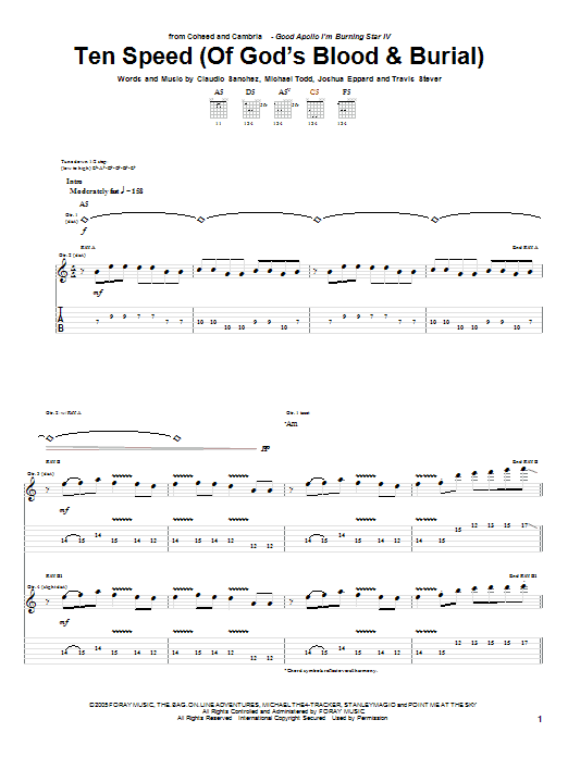 Download Coheed And Cambria Ten Speed (Of God's Blood & Burial) Sheet Music and learn how to play Guitar Tab PDF digital score in minutes