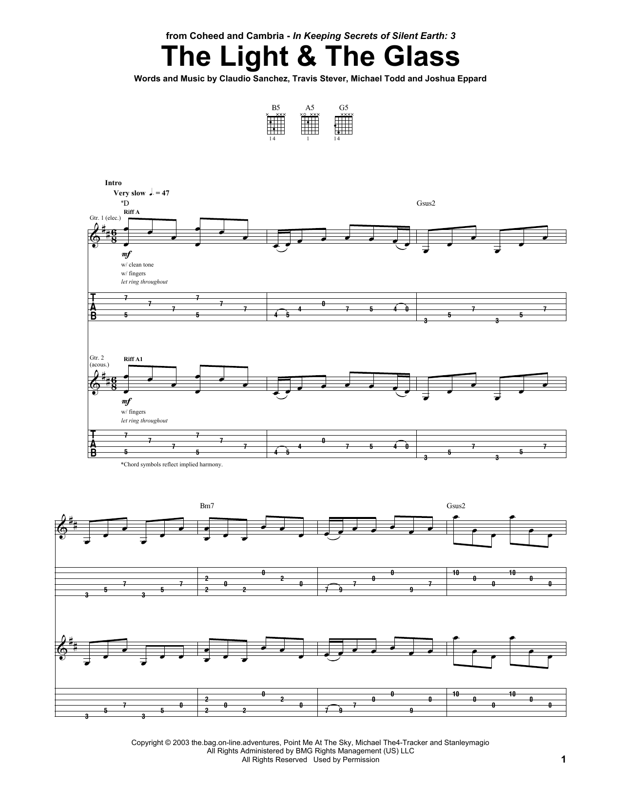 Download Coheed And Cambria The Light & The Glass Sheet Music and learn how to play Guitar Tab PDF digital score in minutes