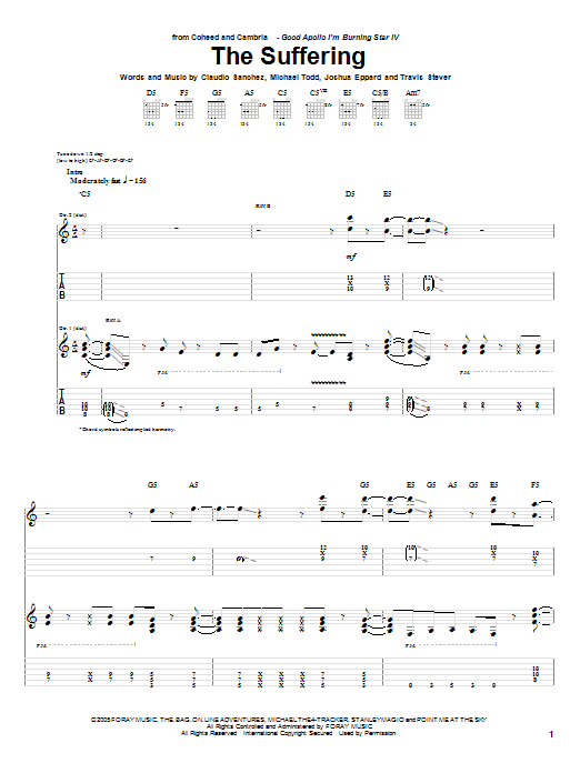 Download Coheed And Cambria The Suffering Sheet Music and learn how to play Guitar Tab PDF digital score in minutes