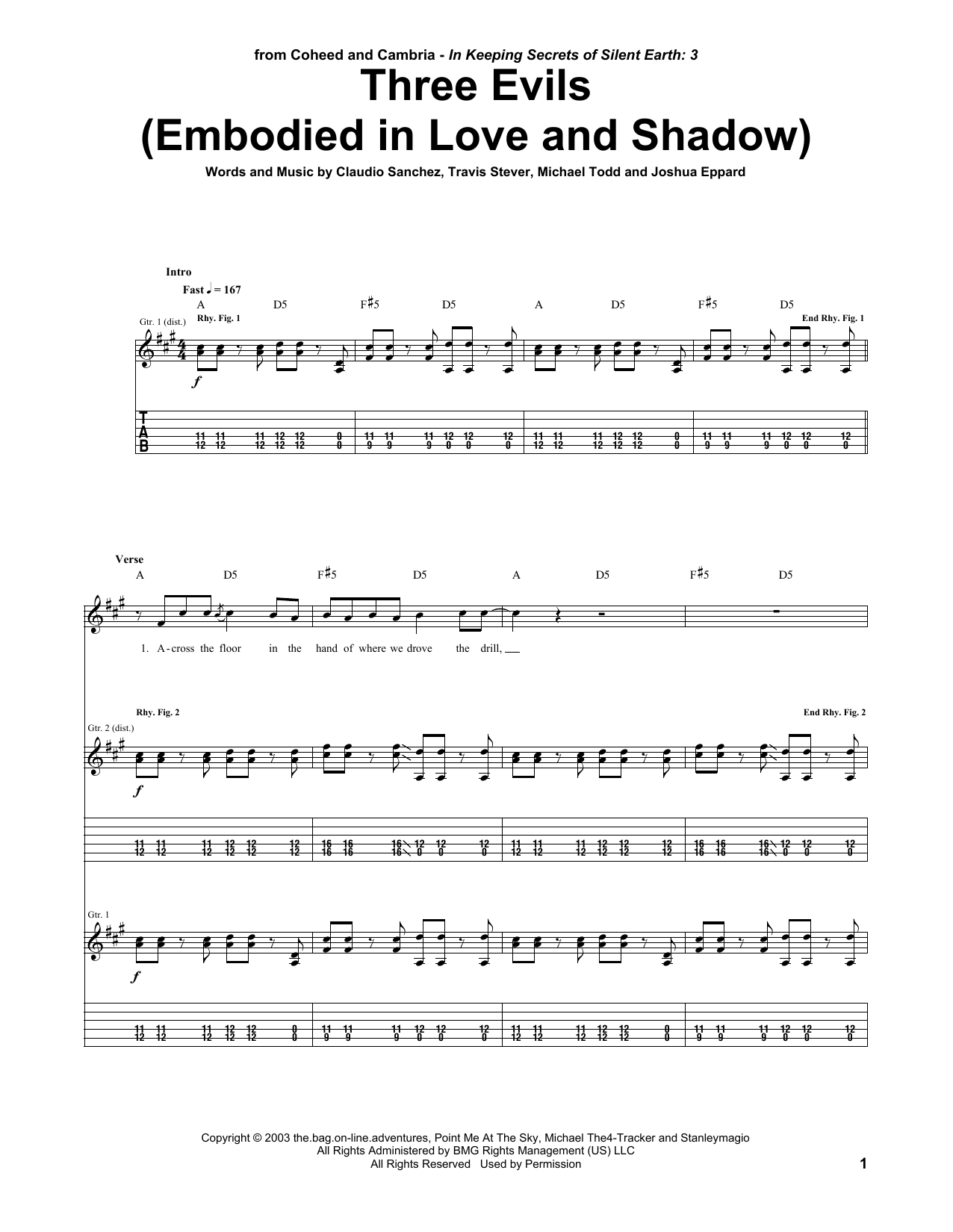 Download Coheed And Cambria Three Evils (Embodied In Love And Shadow) Sheet Music and learn how to play Guitar Tab PDF digital score in minutes