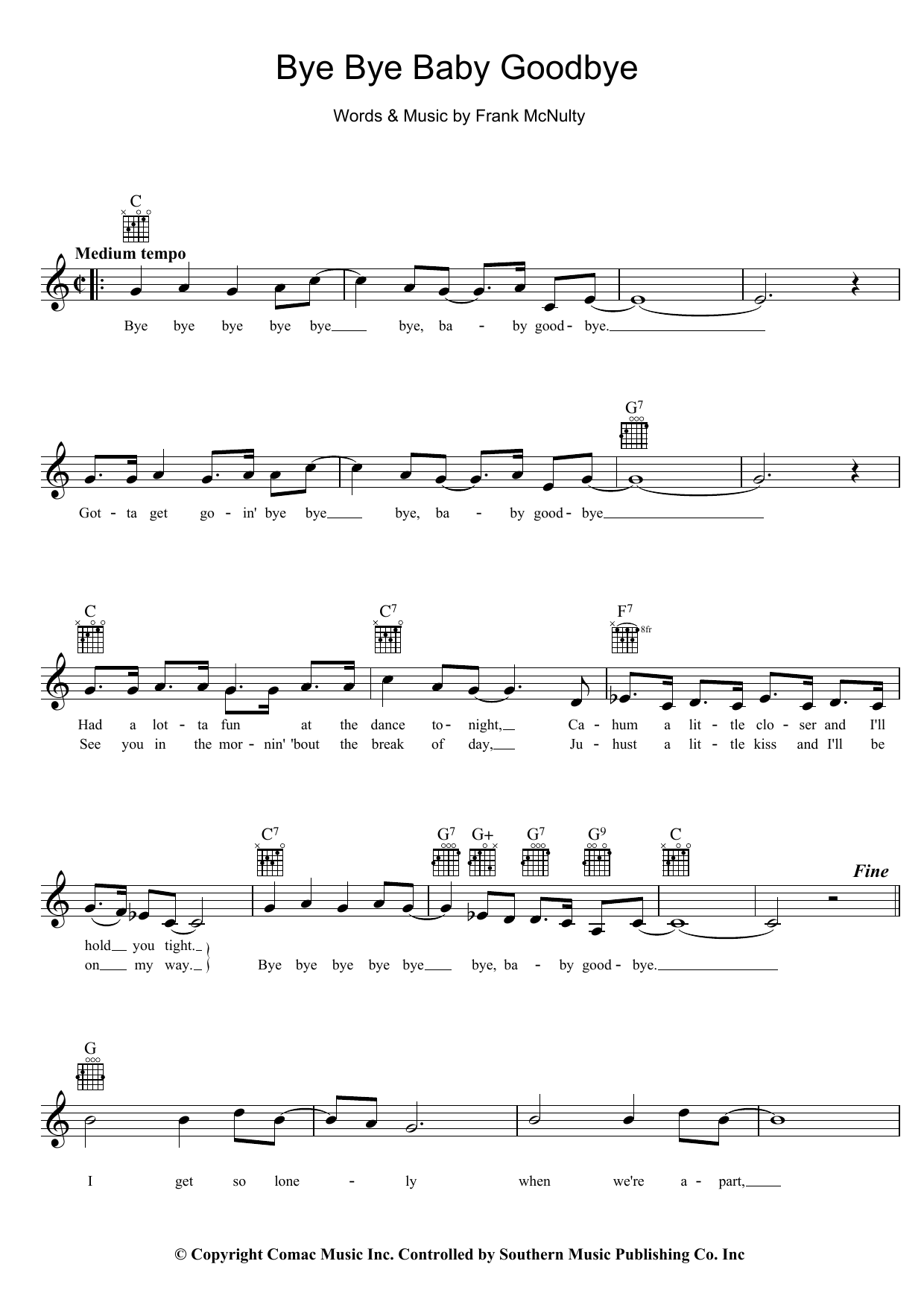 Download Col Joye Bye Bye Baby Goodbye Sheet Music and learn how to play Melody Line, Lyrics & Chords PDF digital score in minutes