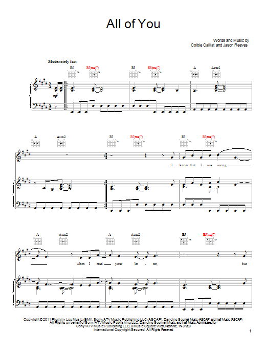 Download Colbie Caillat All Of You Sheet Music and learn how to play Piano, Vocal & Guitar (Right-Hand Melody) PDF digital score in minutes