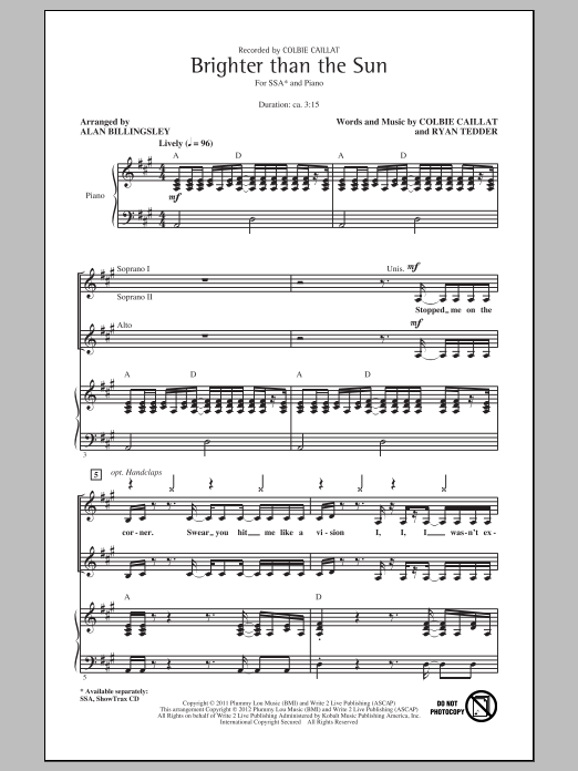 Download Colbie Caillat Brighter Than The Sun (arr. Alan Billingsley) Sheet Music and learn how to play SSA PDF digital score in minutes