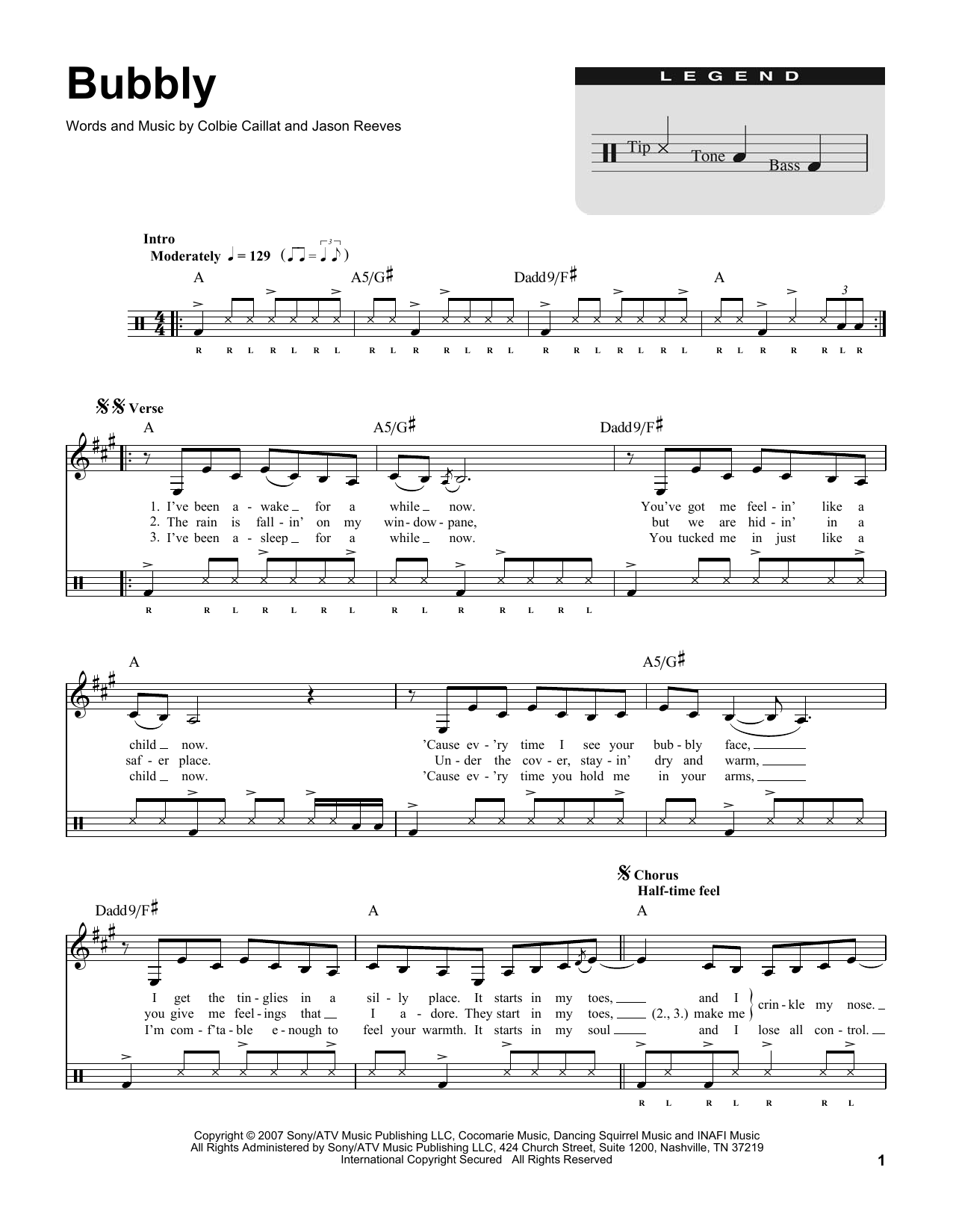 Download Colbie Caillat Bubbly Sheet Music and learn how to play Drums Transcription PDF digital score in minutes
