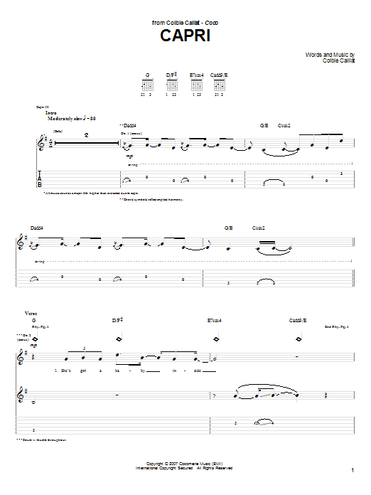 Download Colbie Caillat Capri Sheet Music and learn how to play Piano, Vocal & Guitar (Right-Hand Melody) PDF digital score in minutes