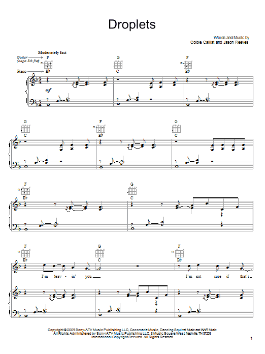Download Colbie Caillat Droplets Sheet Music and learn how to play Piano, Vocal & Guitar (Right-Hand Melody) PDF digital score in minutes