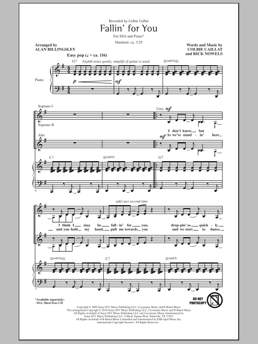 Download Colbie Caillat Fallin' For You (arr. Alan Billingsley) Sheet Music and learn how to play SSA Choir PDF digital score in minutes