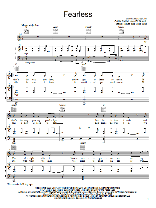 Download Colbie Caillat Fearless Sheet Music and learn how to play Piano, Vocal & Guitar (Right-Hand Melody) PDF digital score in minutes