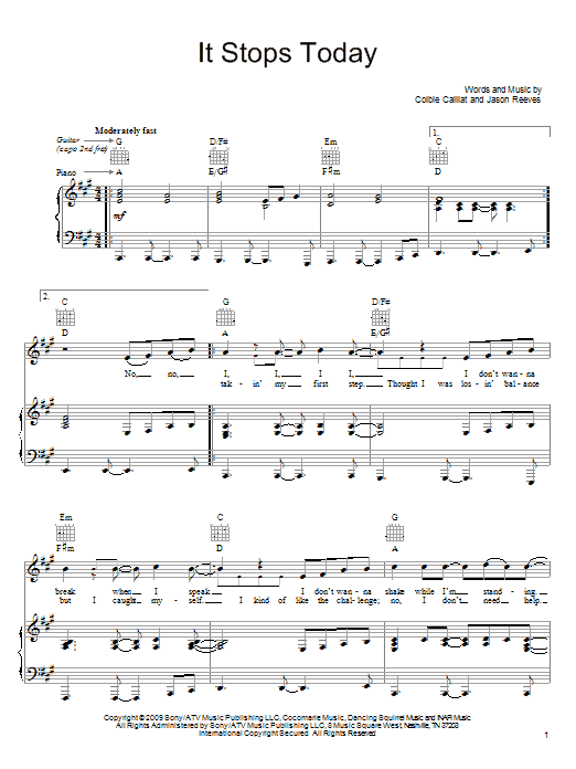 Download Colbie Caillat It Stops Today Sheet Music and learn how to play Piano, Vocal & Guitar (Right-Hand Melody) PDF digital score in minutes
