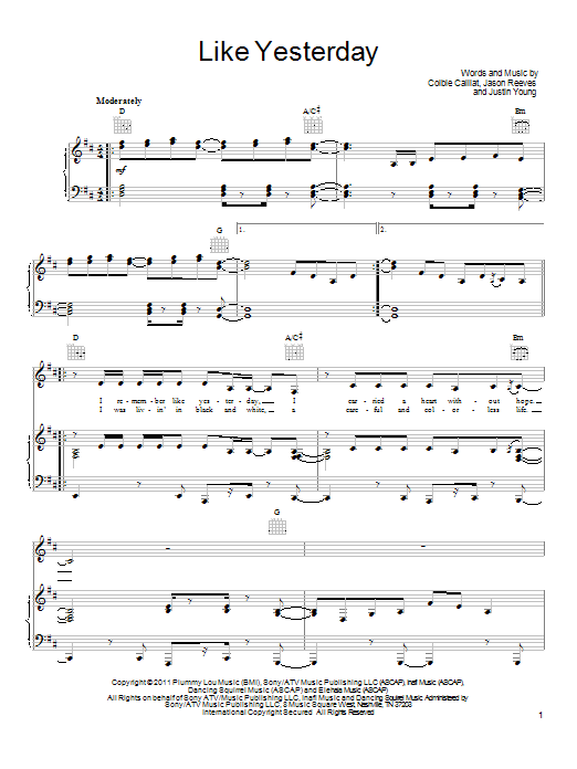 Download Colbie Caillat Like Yesterday Sheet Music and learn how to play Piano, Vocal & Guitar (Right-Hand Melody) PDF digital score in minutes