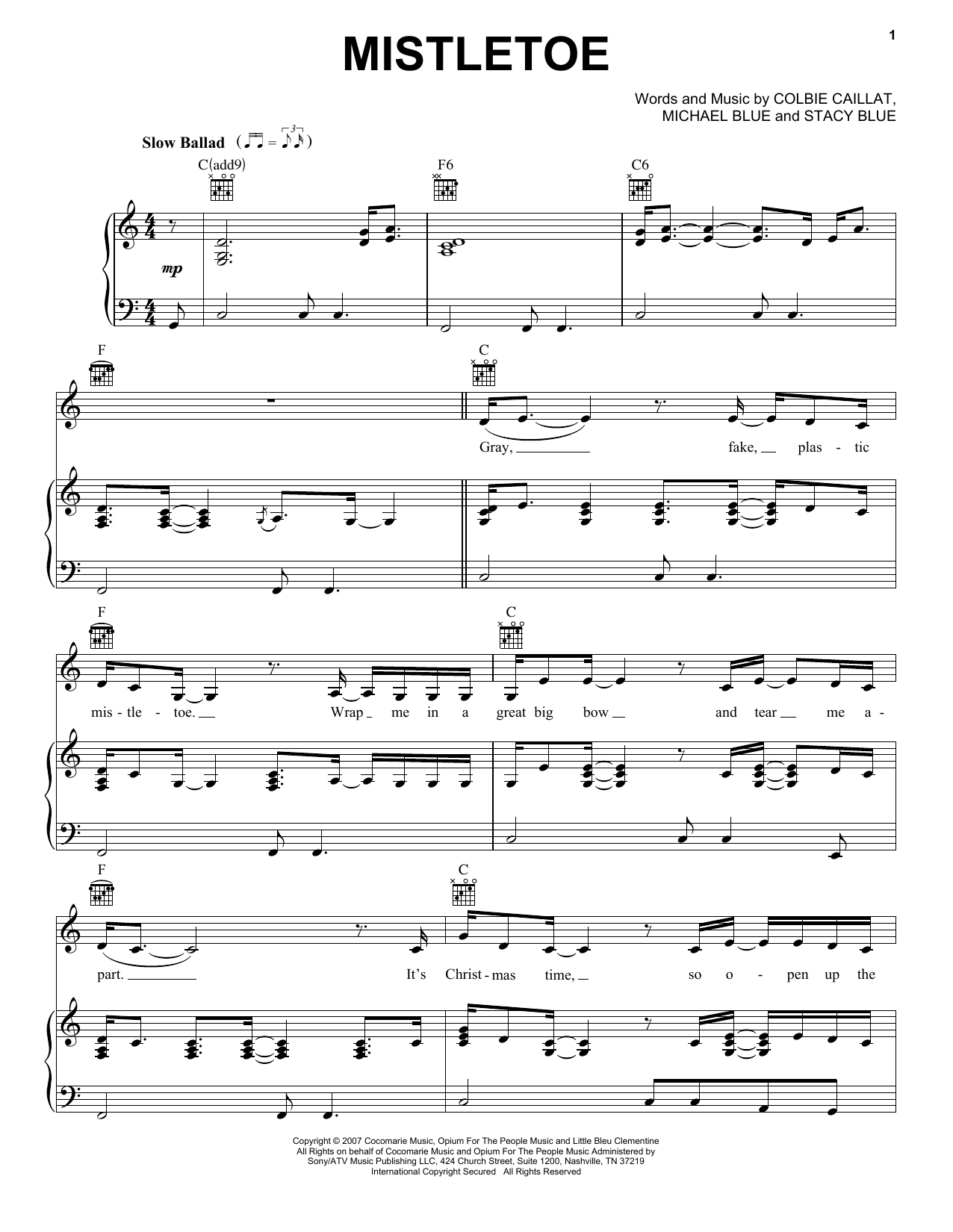 Download Colbie Caillat Mistletoe Sheet Music and learn how to play Piano, Vocal & Guitar (Right-Hand Melody) PDF digital score in minutes