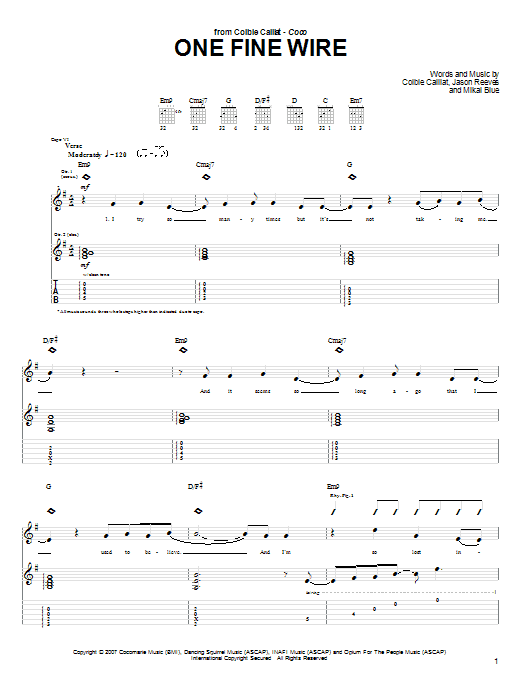 Download Colbie Caillat One Fine Wire Sheet Music and learn how to play Piano, Vocal & Guitar (Right-Hand Melody) PDF digital score in minutes