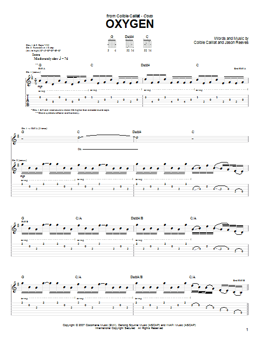 Download Colbie Caillat Oxygen Sheet Music and learn how to play Piano, Vocal & Guitar (Right-Hand Melody) PDF digital score in minutes