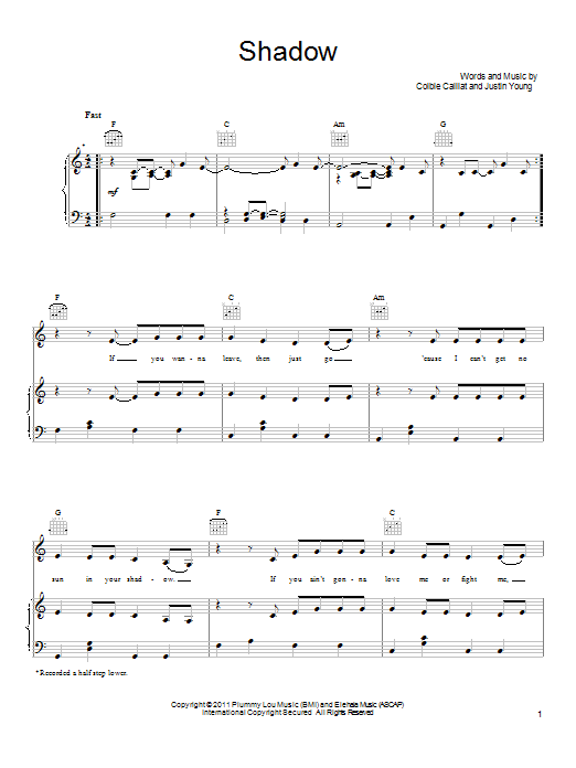 Download Colbie Caillat Shadow Sheet Music and learn how to play Piano, Vocal & Guitar (Right-Hand Melody) PDF digital score in minutes
