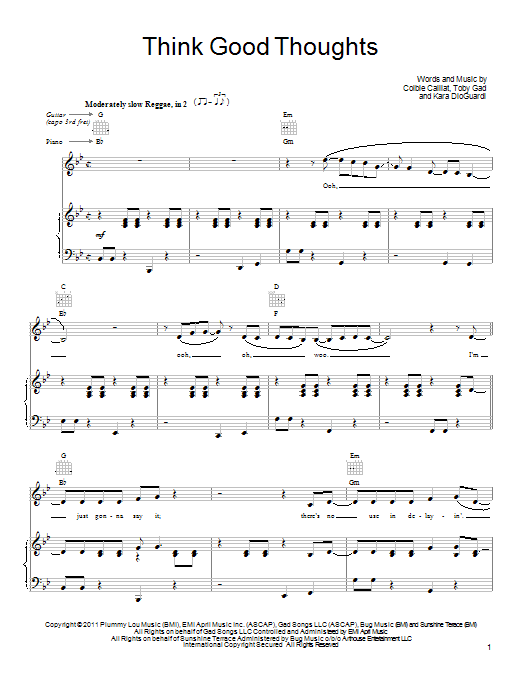 Download Colbie Caillat Think Good Thoughts Sheet Music and learn how to play Piano, Vocal & Guitar (Right-Hand Melody) PDF digital score in minutes